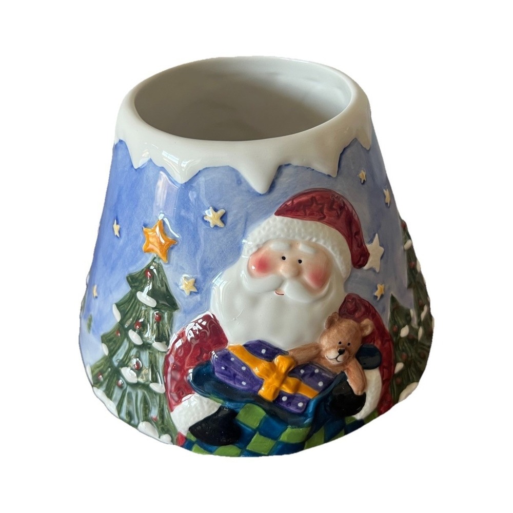 Salt City Ceramic Holiday Christmas Santa Claus Candle Shade Topper And Plate